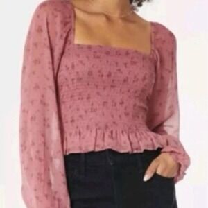 Prairie boho mauve floral smocked bodice sheer long sleeve peplum hem top. XL